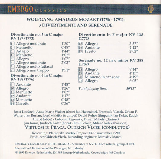 Wolfgang Amadeus Mozart - Virtuosi Di Praga : 3 Divertimenti KV 138, 187, 188 / Serenade KV 388 (CD, RE)