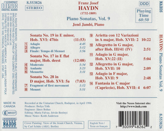 Joseph Haydn • Jenö Jandó : Piano Sonatas, Vol. 9: Nos. 17, 19 And 28 • Arietta Con 12 Variazioni • Fantasia In C Major (CD, Album)