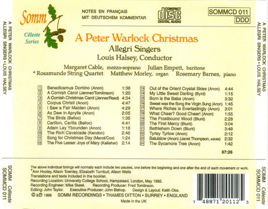 Peter Warlock / Allegri Singers Conducted By Louis Halsey / Margaret Cable : A Peter Warlock Christmas (CD)