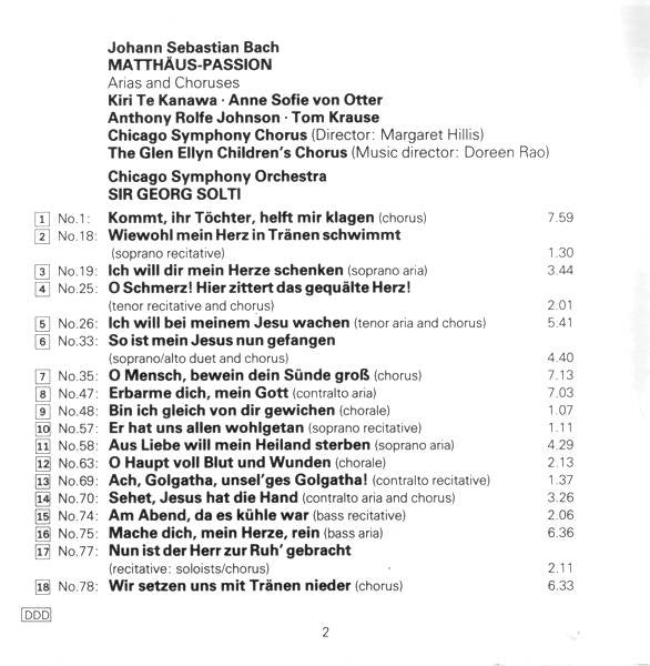 Johann Sebastian Bach / Kiri Te Kanawa, Anne Sofie Von Otter, Anthony Rolfe Johnson, Tom Krause / Chicago Symphony Orchestra And Chicago Symphony Chorus, Georg Solti : Bach: Matthäus-Passion (Arias And Choruses) (CD)