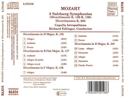 Wolfgang Amadeus Mozart, Capella Istropolitana, Richard Edlinger : Salzburg Symphonies / Divertimento K. 205 (CD, Album, RE)