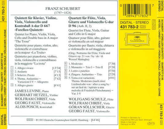 Franz Schubert – Gerhart Hetzel · Wolfram Christ · Georg Faust · Alois Posch · Wolfgang Schulz (3) · Göran Söllscher · James Levine (2) : »Forellen-Quintett« ("Trout" Quintet · «La Truite») · Quartett D 96 (CD, Album)