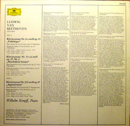 Ludwig van Beethoven – Wilhelm Kempff : Sonaten - Pathétique · Mondschein - Moonlight · Appassionata (LP, RP)