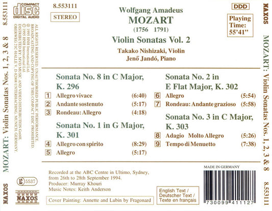 Wolfgang Amadeus Mozart, Takako Nishizaki, Jenö Jandó : Violin Sonatas Vol. 2 K. 296 K. 301-303 (CD)