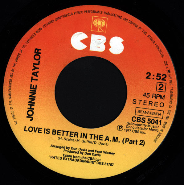 Johnnie Taylor : Love Is Better In The A.M. (Parts 1 & 2) (7", Single)