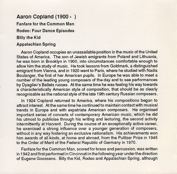 Aaron Copland, Slovak Radio Symphony Orchestra, Stephen Gunzenhauser : Rodeo • Billy The Kid • Appalachian Spring • Fanfare For The Common Man (CD, Album)