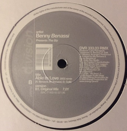 Benny Benassi Presents The Biz (5) : Able To Love (2003 Remix) (12")