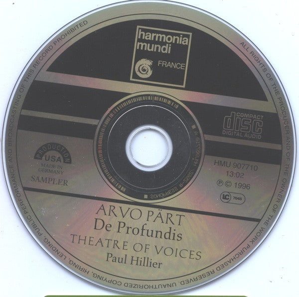 Arvo Pärt - Theatre Of Voices, Paul Hillier : De Profundis (CD, Promo, Smplr)