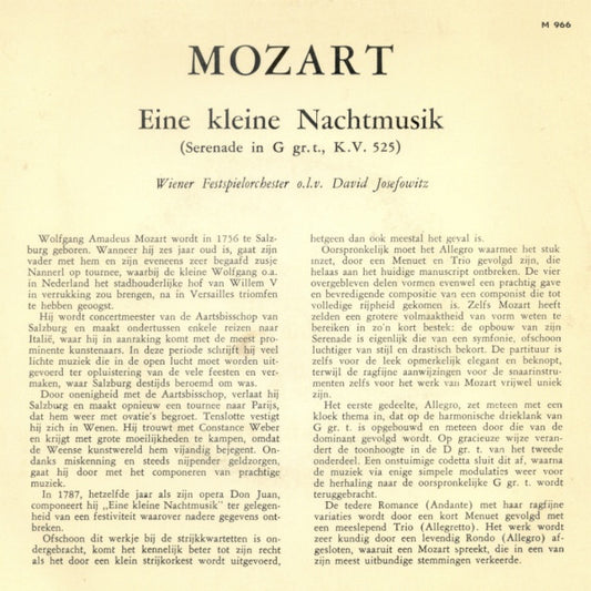 Wolfgang Amadeus Mozart / Wiener Festspielorchester / Leitung: David Josefowitz : Eine Kleine Nachtmusik (7", Mono)