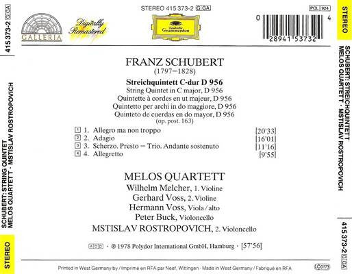 Franz Schubert - Melos Quartett · Mstislav Rostropovich : Streichquintett = String Quintet = Quintette A Cordes (CD, Album, RE, RM)