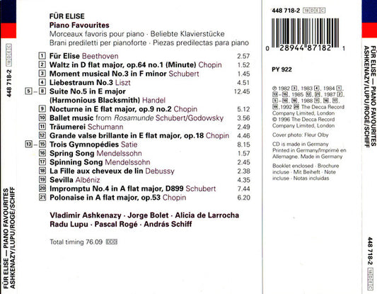 Vladimir Ashkenazy, Jorge Bolet, Alicia De Larrocha, Radu Lupu, Pascal Rogé, András Schiff : Für Elise (Piano Favourites = Beliebte Klavierstücke) (CD, Comp, RE)