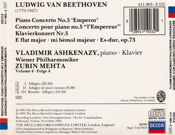 Ludwig Van Beethoven, Vladimir Ashkenazy, Wiener Philharmoniker, Zubin Mehta : Piano Concerto No. 5 'Emperor' = Klavierkonzert Nr. 5 (CD, Album)