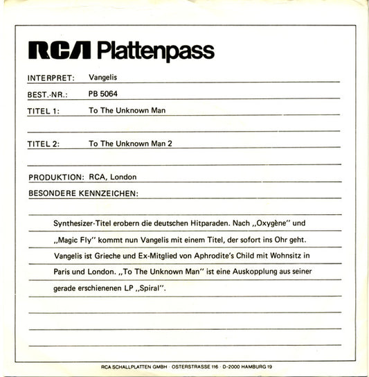 Vangelis : To The Unknown Man (7", Single, Pia)
