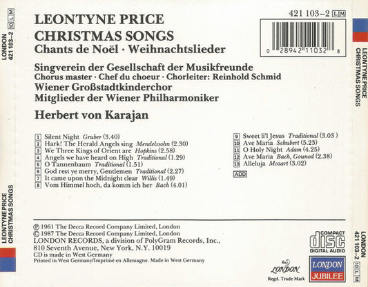 Leontyne Price, Herbert von Karajan, Wiener Philharmoniker : Christmas Songs = Chants de Noël = Weihnachtslieder (CD, Album, RE)