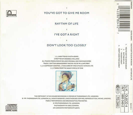 Oleta Adams : You've Got To Give Me Room / Rhythm Of Life (CD, Single)