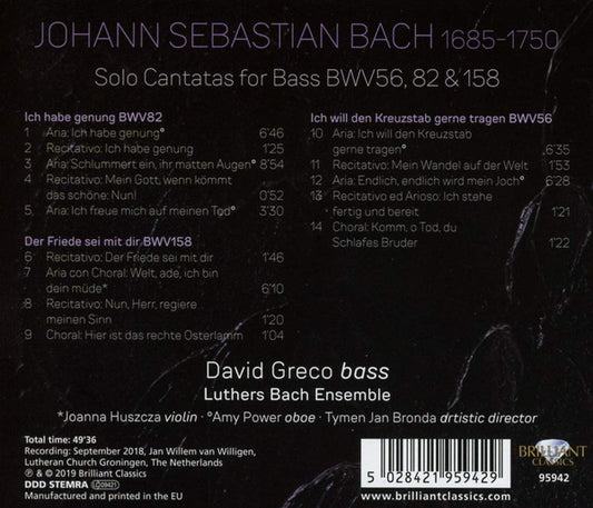 Johann Sebastian Bach, David Greco, Luthers Bach Ensemble : Solo Cantatas For Bass BWV56, 82 & 158 (CD, Album)