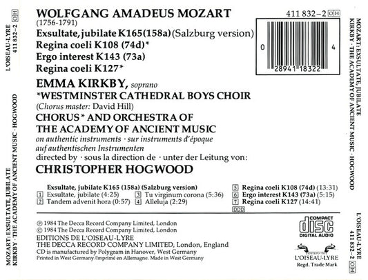 Wolfgang Amadeus Mozart / Emma Kirkby, Westminster Cathedral Choir, The Academy Of Ancient Music Chorus & The Academy Of Ancient Music, Christopher Hogwood : Exsultate Jubilate / Motets · Motetten (CD, Album)