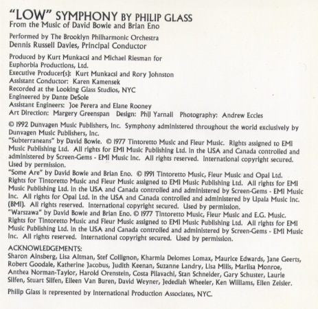 Philip Glass From The Music Of David Bowie & Brian Eno : "Low" Symphony (CD, Album, PMD)