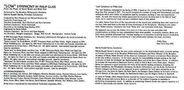 Philip Glass From The Music Of David Bowie & Brian Eno : "Low" Symphony (CD, Album, PMD)