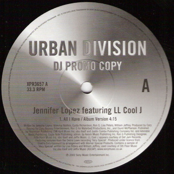 Jennifer Lopez Featuring LL Cool J : All I Have (12", Promo)