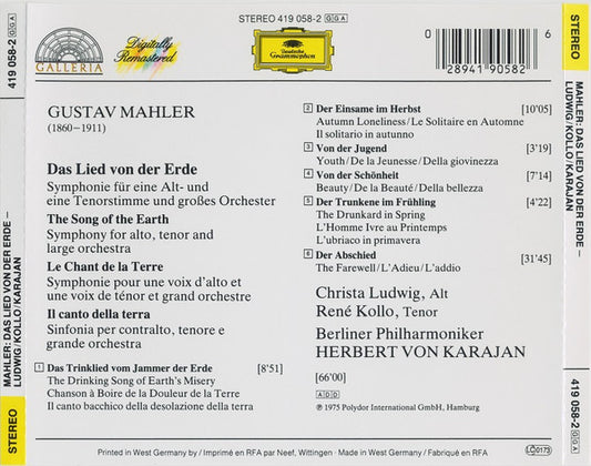 Gustav Mahler – Christa Ludwig, René Kollo, Berliner Philharmoniker, Herbert von Karajan : Das Lied Von Der Erde (CD, RE, RM)