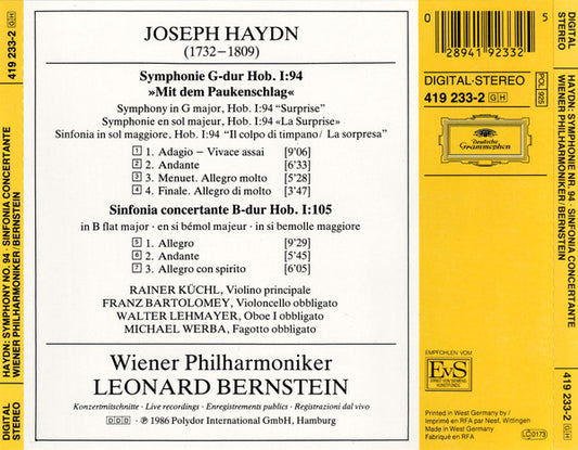 Joseph Haydn • Wiener Philharmoniker • Leonard Bernstein : Symphonie No.94 »Mit Dem Paukenschlag • Surprise« • Sinfonia Concertante (CD)