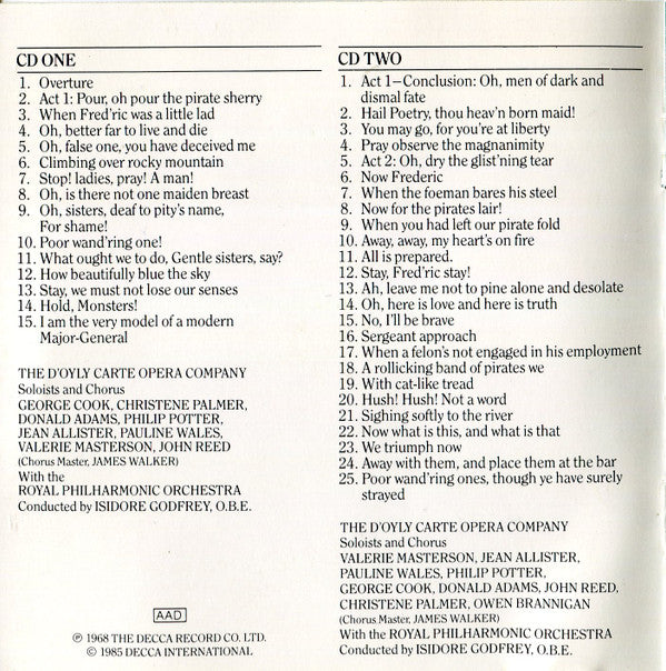 D'Oyly Carte Opera Company, Gilbert & Sullivan : The Pirates Of Penzance (2xCD, RE)