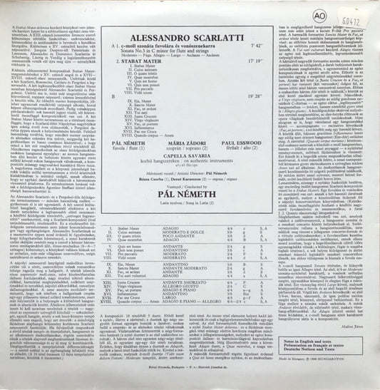 Alessandro Scarlatti, Mária Zádori, Paul Esswood, Capella Savaria, Pál Németh : Stabat Mater (LP)
