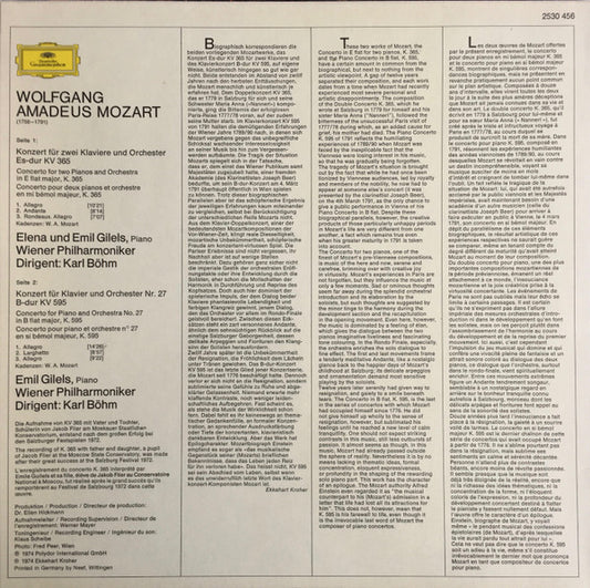 Wolfgang Amadeus Mozart - Emil Gilels, Elena Gilels, Karl Böhm, Wiener Philharmoniker : Klavierkonzert B-dur = Piano Concerto In B Flat Major KV 595 / Konzert Für Zwei Klaviere Es-dur = Concerto For Two Pianos In E Flat Major KV 365 (LP, Album)