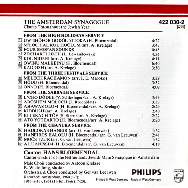 Hans Bloemendal : The Amsterdam Synagogue. Chants Throughout The Jewish Year (CD)