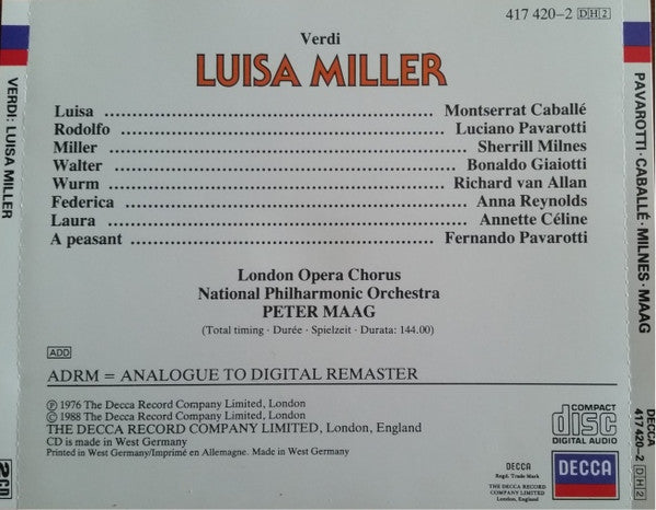Giuseppe Verdi - Luciano Pavarotti · Montserrat Caballé · Sherrill Milnes · Bonaldo Giaiotti · Anna Reynolds · Richard Van Allan · Peter Maag, National Philharmonic Orchestra : Luisa Miller (2xCD, Album, RE, RM + Box, Sli)