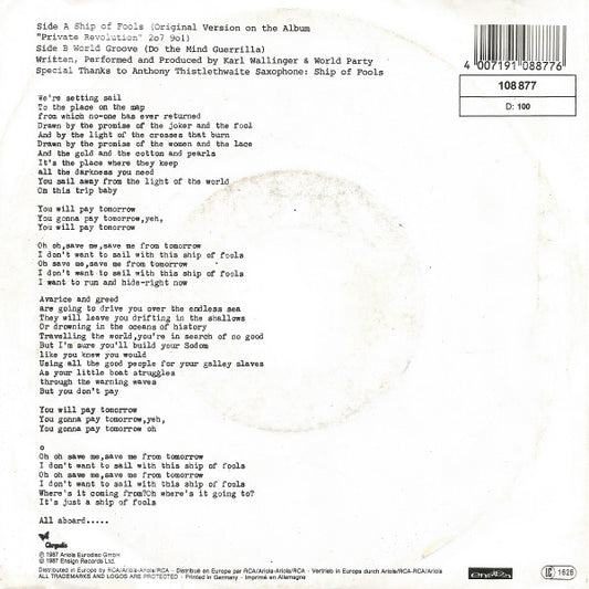 World Party : Ship Of Fools (7", Single)