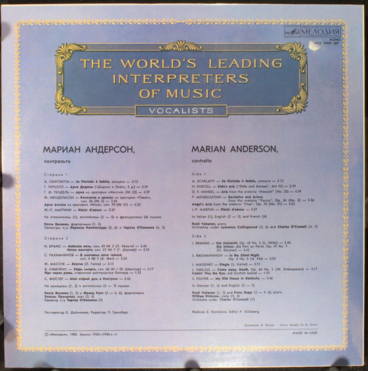 Marian Anderson : Contralto. The World's Leading Interpreters Of Music (LP, Mono)