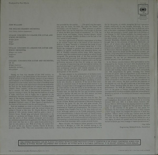 Antonio Vivaldi / Mauro Giuliani (2), John Williams (7), English Chamber Orchestra : Guitar Concertos In D Major And A Major / Guitar Concerto In A Major (LP)