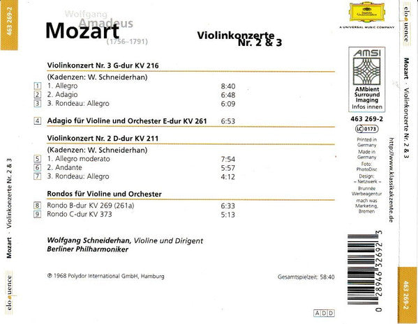 Wolfgang Amadeus Mozart, Wolfgang Schneiderhan, Berliner Philharmoniker : Violinkonzerte Nr. 2 & 3 (CD)