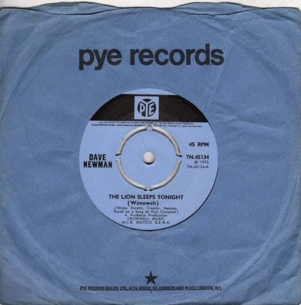Dave Newman (3) : The Lion Sleeps Tonight (Wimoweh) (7", Single, Pus)