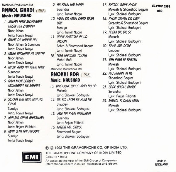 Naushad : Anmol Ghadi / Anokhi Ada (CD, Comp)