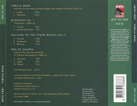 Arvo Pärt : Tabula Rasa (CD, Album, Unofficial, Gol)
