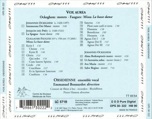 Johannes Ockeghem / Guillaume Faugues, Ensemble Obsidienne, Emmanuel Bonnardot : Vox Aurea (CD)
