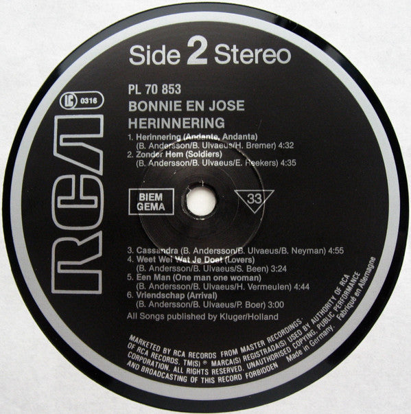 Bonnie St. Claire & José (3) : Herinnering (LP, Album)