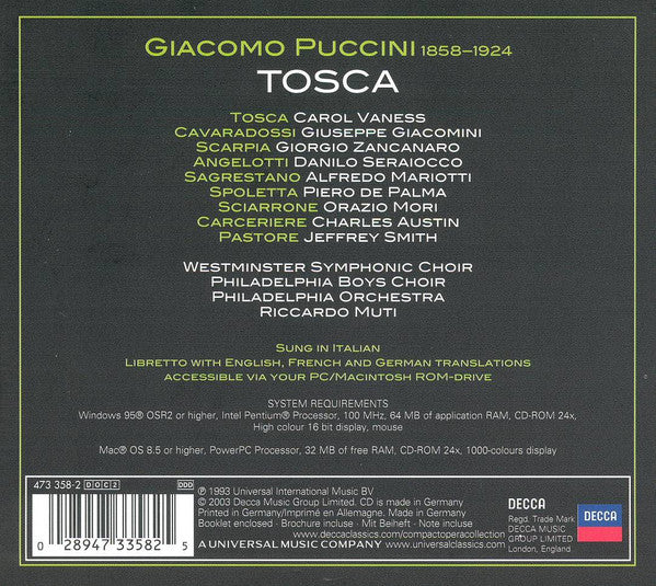 Giacomo Puccini / Carol Vaness / Giuseppe Giacomini / Giorgio Zancanaro / The Philadelphia Orchestra / Riccardo Muti : Tosca (2xCD, Album)