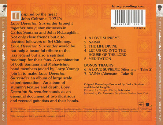 Carlos Santana / John McLaughlin : Love Devotion Surrender (CD, Album, RE)