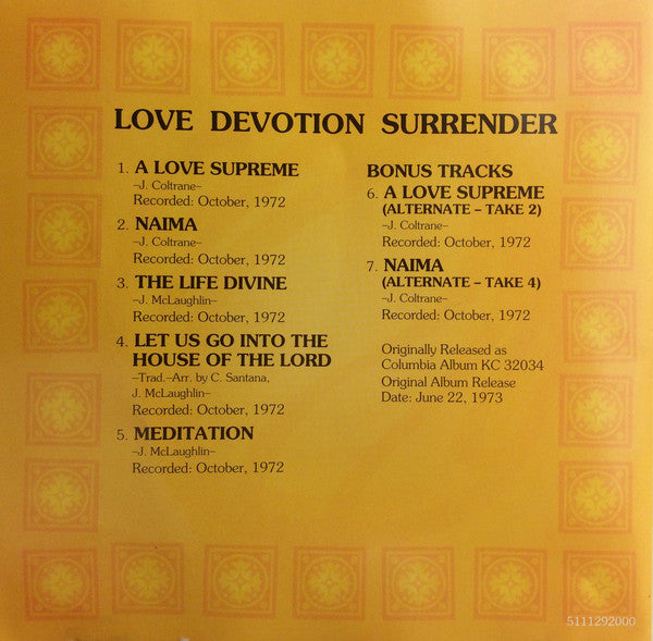 Carlos Santana / John McLaughlin : Love Devotion Surrender (CD, Album, RE)