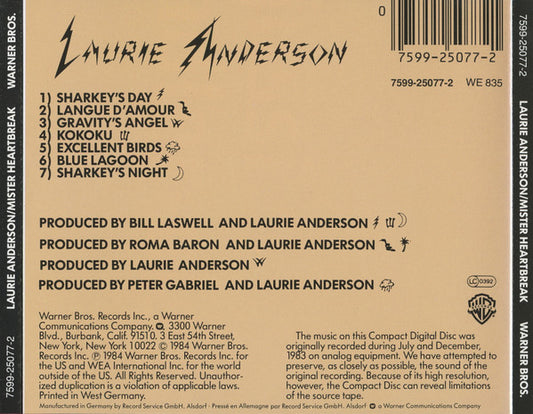 Laurie Anderson : Mister Heartbreak (CD, Album, RE, RP)
