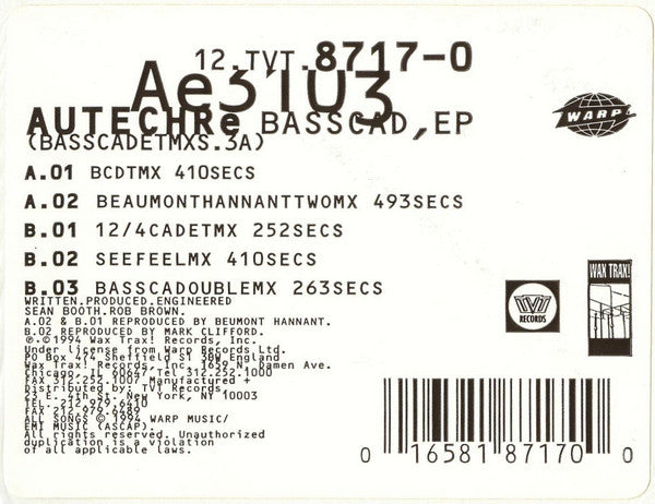 Autechre : Basscad,EP (Basscadetmxs.3A) (12", EP)