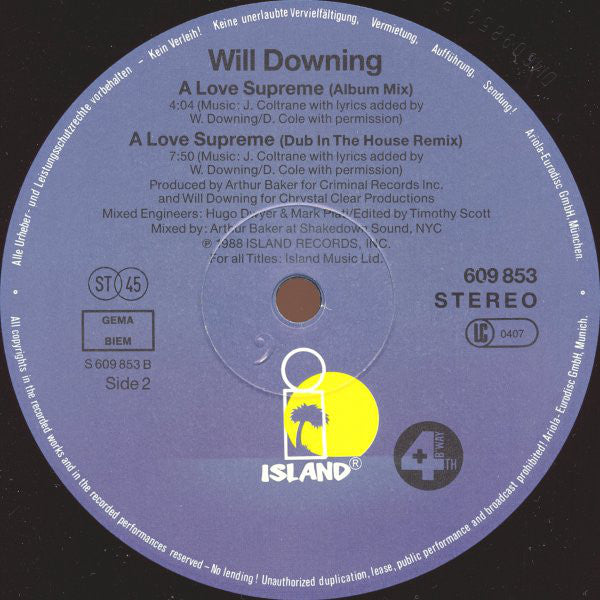 Will Downing : A Love Supreme (Jazz In The House Mix) (12", Maxi)