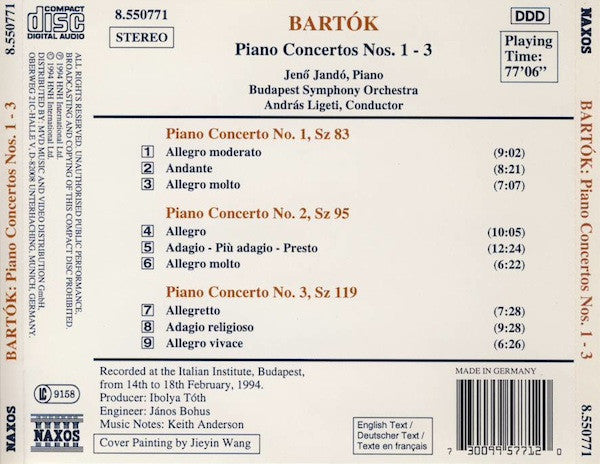 Béla Bartók, Jenö Jandó, Budapest Symphony Orchestra, András Ligeti : Piano Concertos Nos. 1-3 (CD, Album, Son)