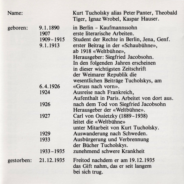 Kurt Tucholsky, Wolfgang Reichmann : Gruss Nach Vorn! Lieber Leser 1985... Der Neuen Jugend, Den Alten Freunden (CD)