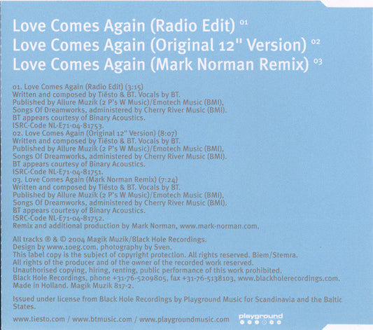 DJ Tiësto Featuring BT : Love Comes Again (CD, Single)