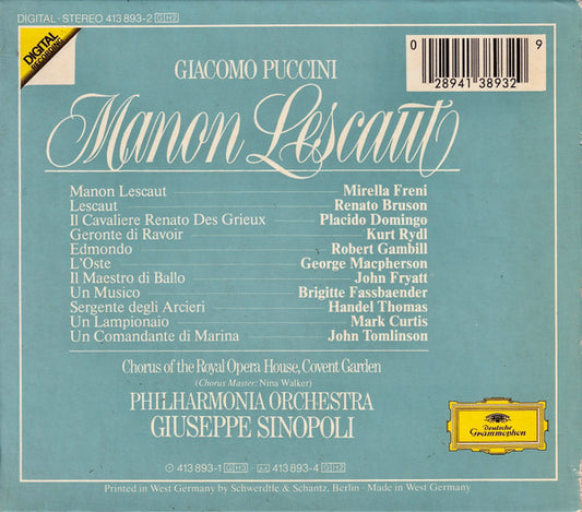 Giacomo Puccini - Mirella Freni · Placido Domingo · Renato Bruson · Kurt Rydl · Robert Gambill · Chorus Of The Royal Opera House, Covent Garden · Philharmonia Orchestra · Giuseppe Sinopoli : Manon Lescaut (2xCD, Album, Pol + Box, Sli)